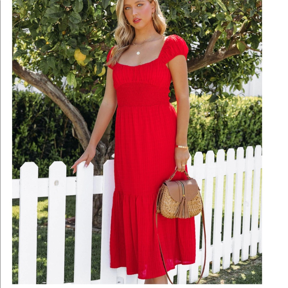 VICI Red Smocked MIDI Dress